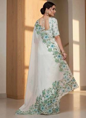 Green organza printed floral print heavy look ethnic saree with blouse 2