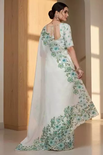 Green organza printed floral print heavy look ethnic saree with blouse
