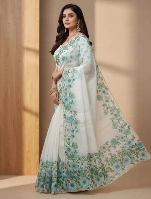 Green organza printed floral print heavy look ethnic saree with blouse 3