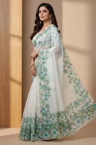 Green organza printed floral print heavy look ethnic saree with blouse