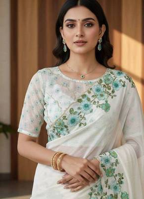 Green organza printed floral print heavy look ethnic saree with blouse 4