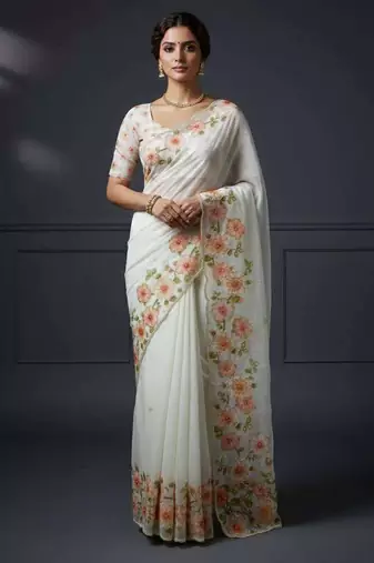 Peach organza printed floral print heavy look ethnic saree with blouse