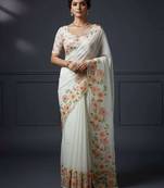 Peach organza printed floral print heavy look ethnic saree with blouse