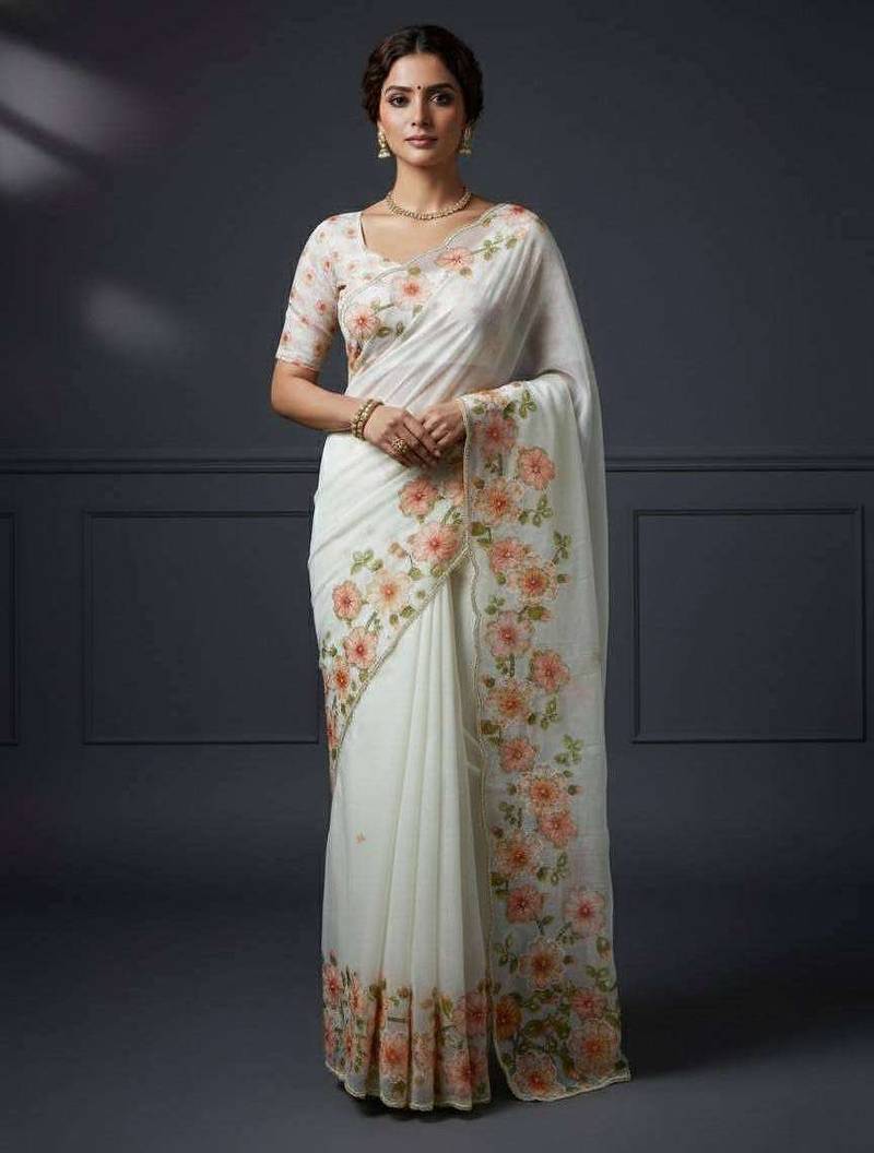 Peach organza printed floral print heavy look ethnic saree with blouse