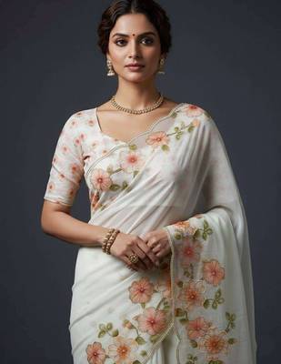 Peach organza printed floral print heavy look ethnic saree with blouse 4