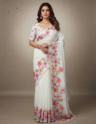 Pink organza printed floral print heavy look ethnic saree with blouse 1
