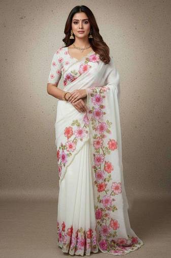 Pink organza printed floral print heavy look ethnic saree with blouse