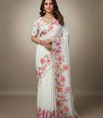 Pink organza printed floral print heavy look ethnic saree with blouse