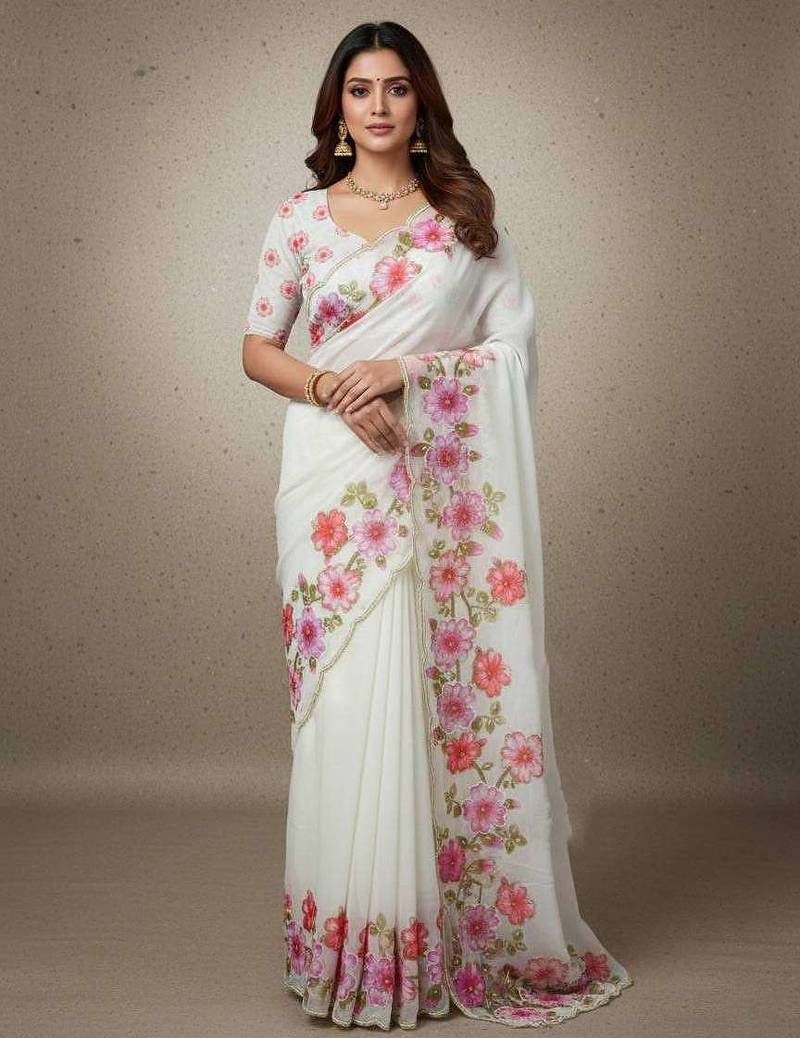 Pink organza printed floral print heavy look ethnic saree with blouse