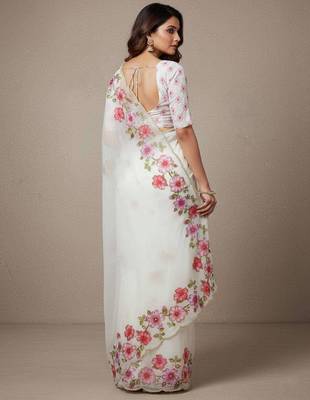 Pink organza printed floral print heavy look ethnic saree with blouse 2