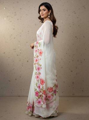 Pink organza printed floral print heavy look ethnic saree with blouse 3