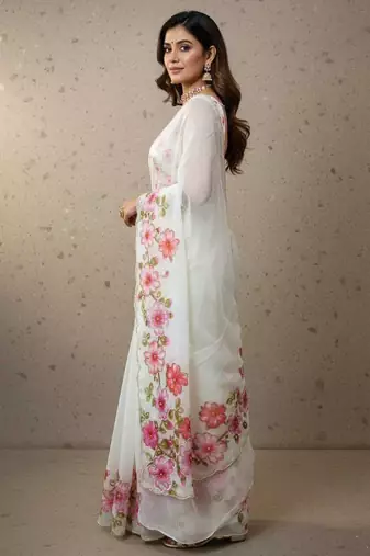 Pink organza printed floral print heavy look ethnic saree with blouse