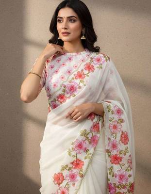 Pink organza printed floral print heavy look ethnic saree with blouse 4