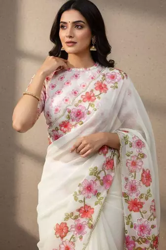 Pink organza printed floral print heavy look ethnic saree with blouse