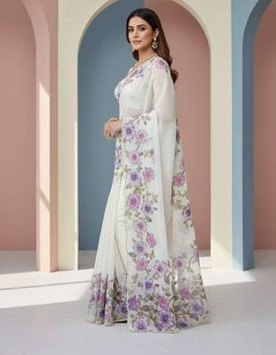 Purple organza printed floral print heavy look ethnic saree with blouse 1