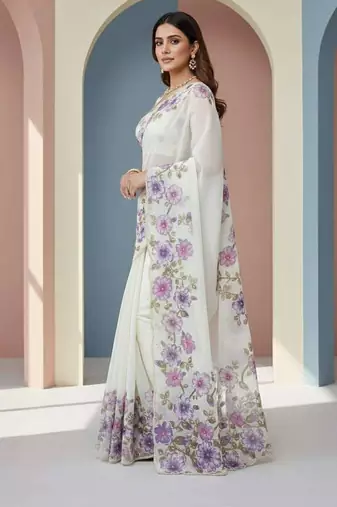 Purple organza printed floral print heavy look ethnic saree with blouse