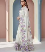 Purple organza printed floral print heavy look ethnic saree with blouse