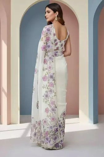 Purple organza printed floral print heavy look ethnic saree with blouse