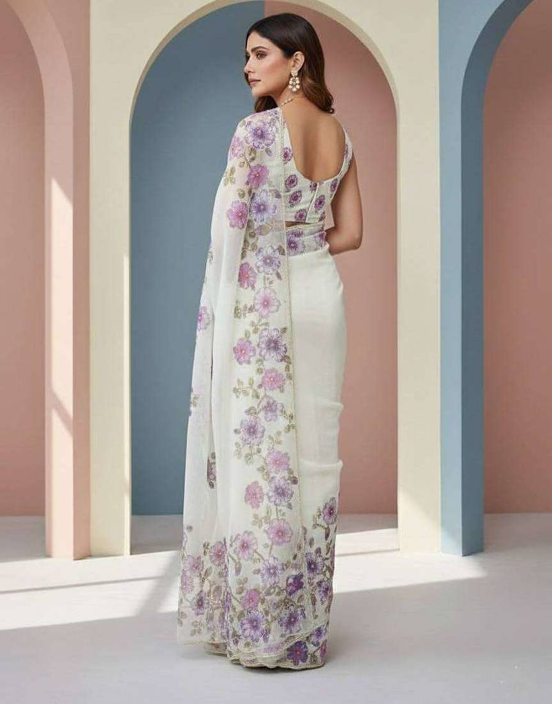 Purple organza printed floral print heavy look ethnic saree with blouse