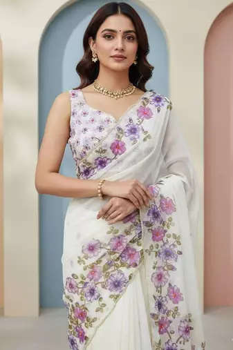 Purple organza printed floral print heavy look ethnic saree with blouse