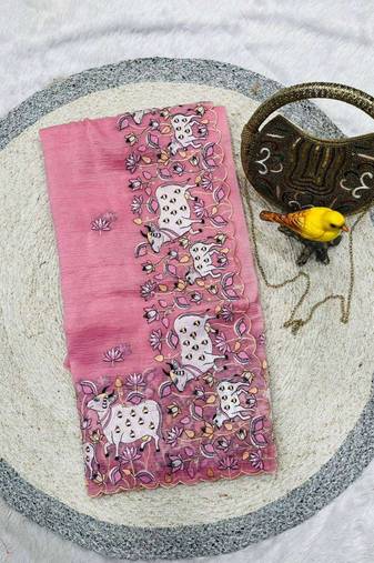 Pink georgette embroidered thread work heavy look ethnic saree with blouse