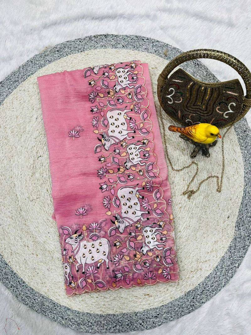 Pink georgette embroidered thread work heavy look ethnic saree with blouse