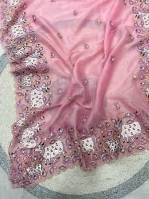 Pink georgette embroidered thread work heavy look ethnic saree with blouse 4
