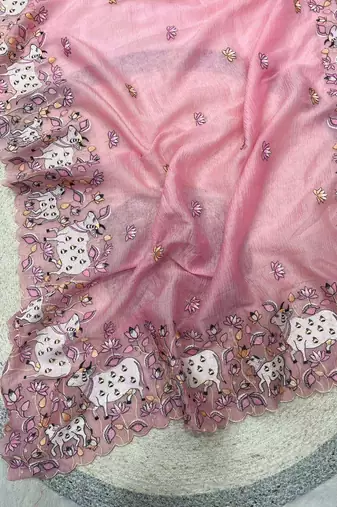 Pink georgette embroidered thread work heavy look ethnic saree with blouse