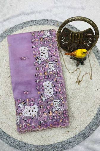 Purple georgette embroidered thread work heavy look ethnic saree with blouse