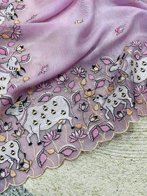 Purple georgette embroidered thread work heavy look ethnic saree with blouse 3