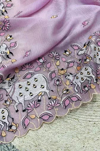 Purple georgette embroidered thread work heavy look ethnic saree with blouse