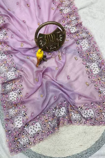 Purple georgette embroidered thread work heavy look ethnic saree with blouse