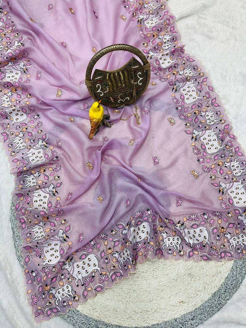 Purple georgette embroidered thread work heavy look ethnic saree with blouse
