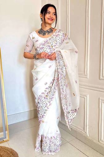 White georgette embroidered thread work heavy look ethnic saree with blouse