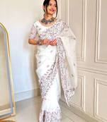 White georgette embroidered thread work heavy look ethnic saree with blouse