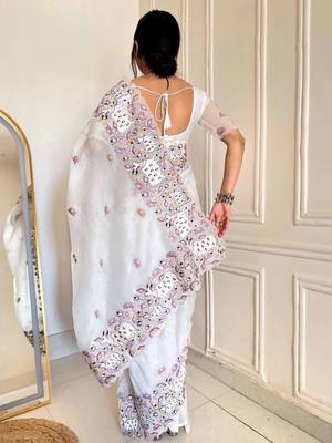 White georgette embroidered thread work heavy look ethnic saree with blouse 2