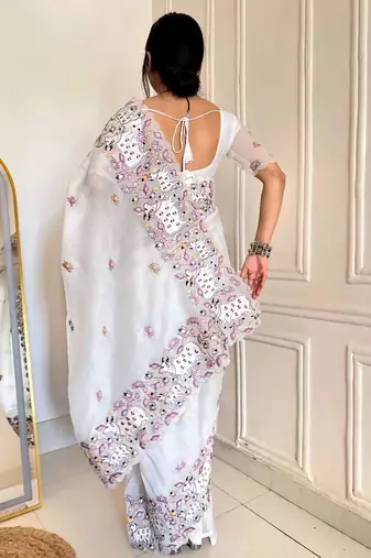 White georgette embroidered thread work heavy look ethnic saree with blouse