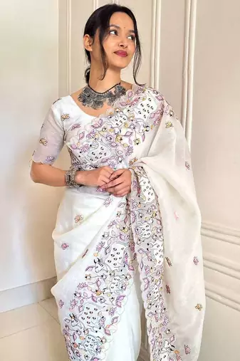 White georgette embroidered thread work heavy look ethnic saree with blouse