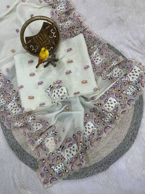 White georgette embroidered thread work heavy look ethnic saree with blouse 4