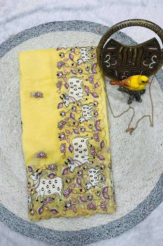 Yellow georgette embroidered thread work heavy look ethnic saree with blouse