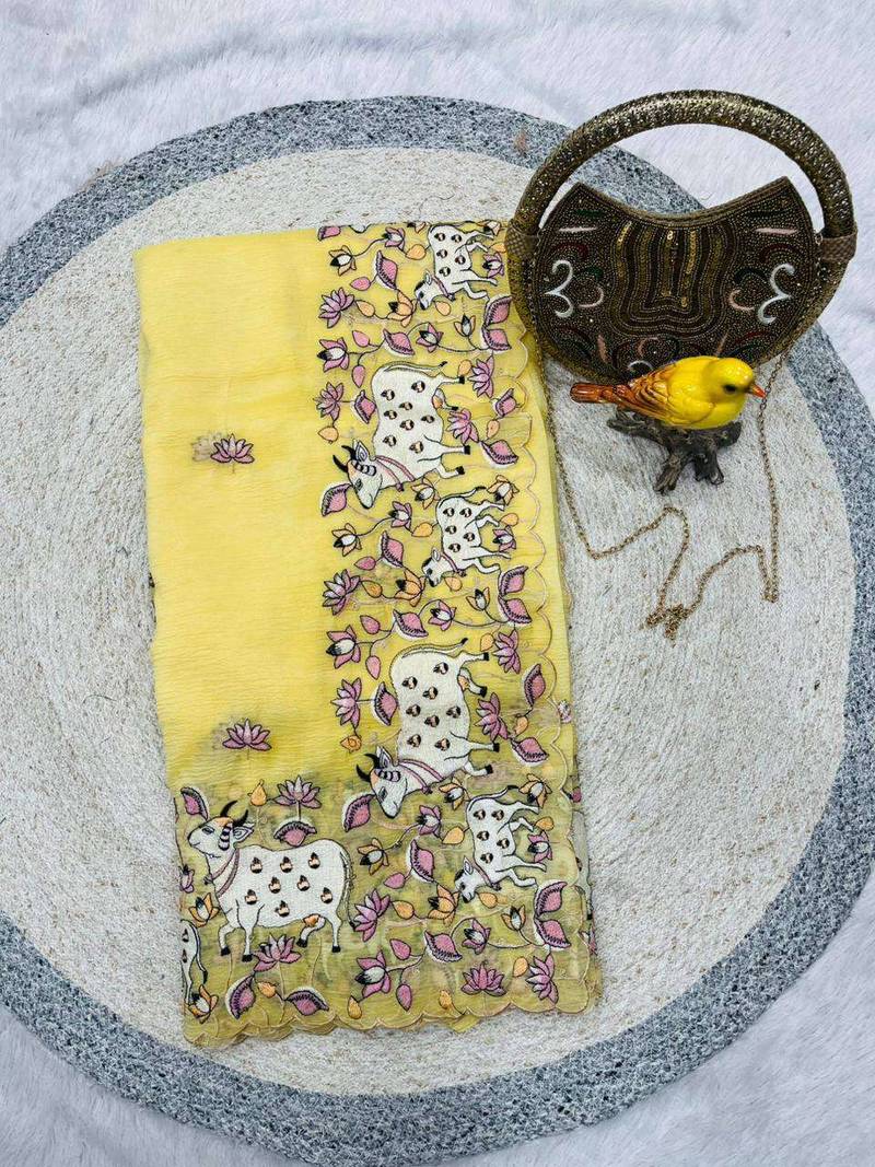 Yellow georgette embroidered thread work heavy look ethnic saree with blouse