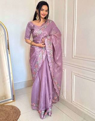 Purple silk embroidered thread work heavy look ethnic saree with blouse 1