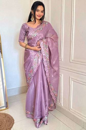 Purple silk embroidered thread work heavy look ethnic saree with blouse
