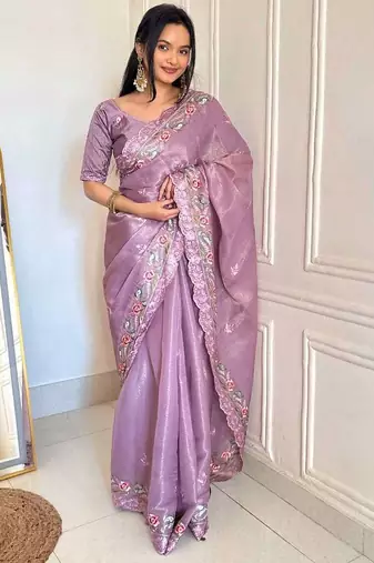 Purple silk embroidered thread work heavy look ethnic saree with blouse