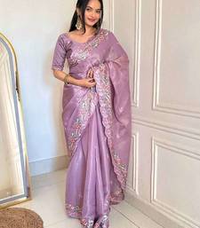 Purple silk embroidered thread work heavy look ethnic saree with blouse