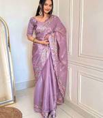 Purple silk embroidered thread work heavy look ethnic saree with blouse
