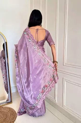 Purple silk embroidered thread work heavy look ethnic saree with blouse