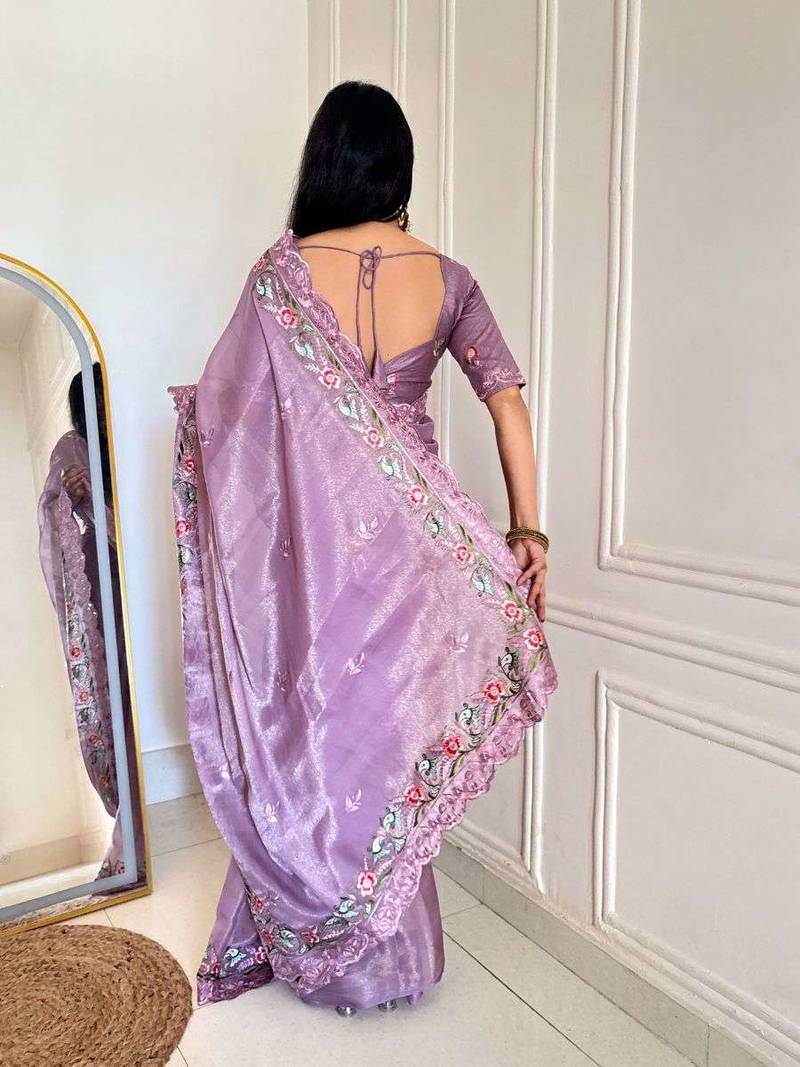 Purple silk embroidered thread work heavy look ethnic saree with blouse