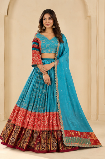 blue printed work muslin cotton navratri chaniya choli 