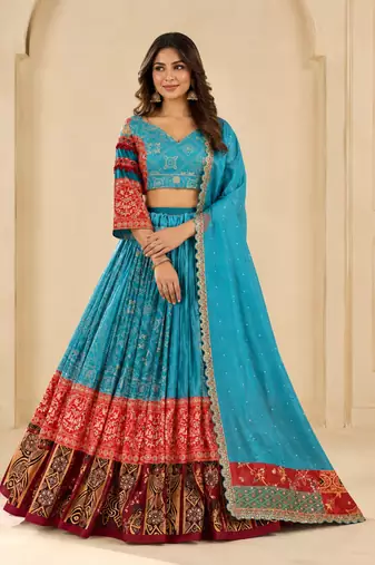Blue Muslin Cotton Navratri Chaniya Choli with Real Mirror Work & Printed Dupatta